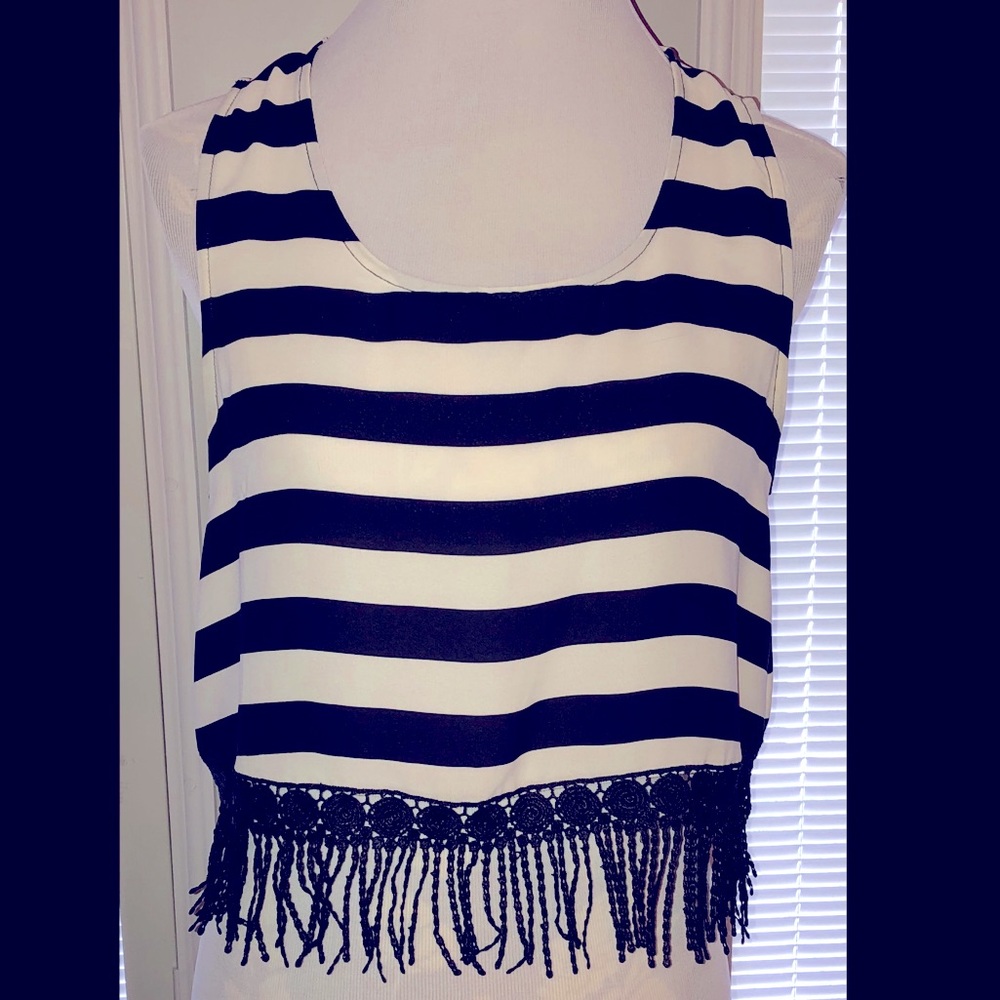 Sleeveless Boho Fringe Stripe Top, Sz Med